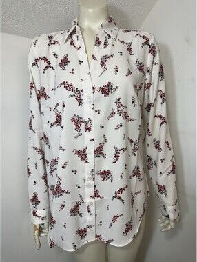 Ann Taylor Womens Medium New Blouse White Red Black Flowers V neck Button Front